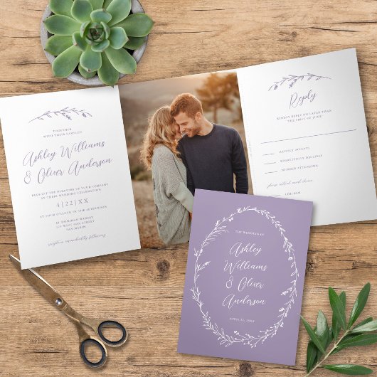 Rustieke Lavendel Wildflower Boho foto bruiloft Drieluik Uitnodiging