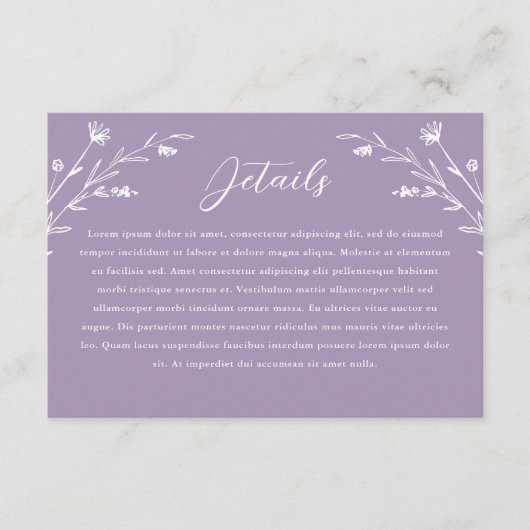 Rustieke Lavendel Wildflower bruiloft details Informatiekaartje (Voorkant)
