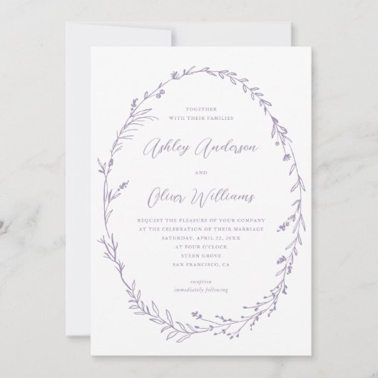 Rustieke Lavendel Witte Wildflower krans bruiloft Kaart (Voorkant)