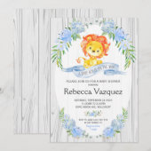 Rustieke Leeuw Blauwe Bloemen Baby Douche Uitnodig Kaart (Voorkant / Achterkant)