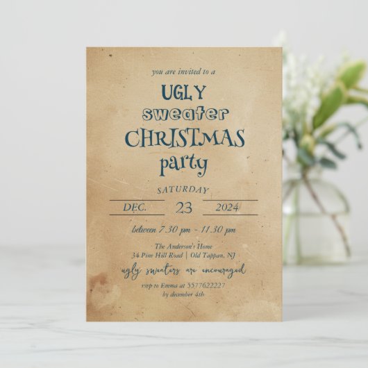 Rustieke lelijke trui kerstfeest uitnodiging (Staand voorkant)