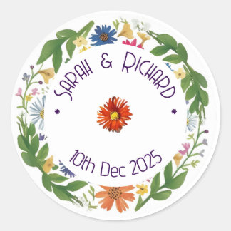 Rustieke Lente Bruiloft met Wilde Bloemen, Romanti Ronde Sticker