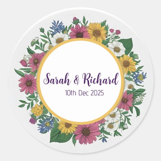 Rustieke Lente Bruiloft met Wilde Bloemen, Romanti Ronde Sticker (Voorkant)