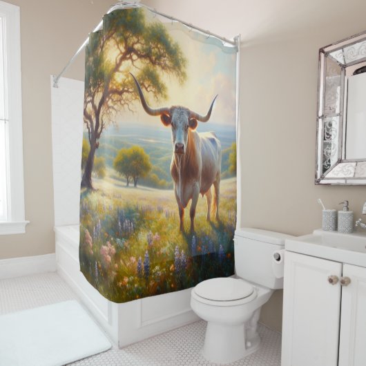 Rustieke lente, Texas longhorn in een veld Douchegordijn (In situ)