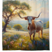 Rustieke lente, Texas longhorn in een veld Douchegordijn (Voorkant)