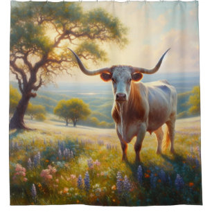 Rustieke lente, Texas longhorn in een veld Douchegordijn