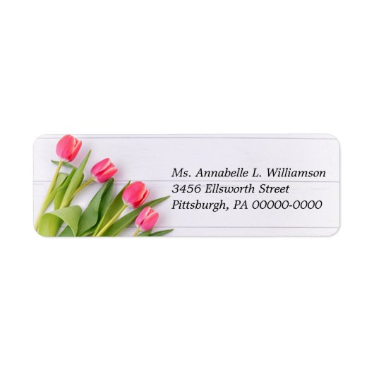 Rustieke lentetulpen op houten retouradres  etiket (Voorkant)