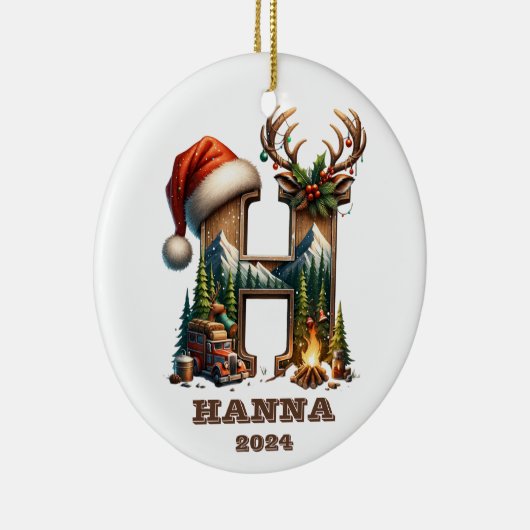 Rustieke letter H met feestelijke bergscène Keramisch Ornament (Rechts)