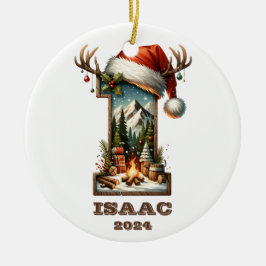 Rustieke letter I met Santa Hat en Winter Scene Keramisch Ornament