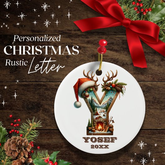 Rustieke letter Y Kerst Gepersonaliseerd Initiaal Keramisch Ornament