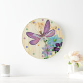 Rustieke Libelle Paarse Bloemen Blauwe Houten Shab Grote Klok (Huis)