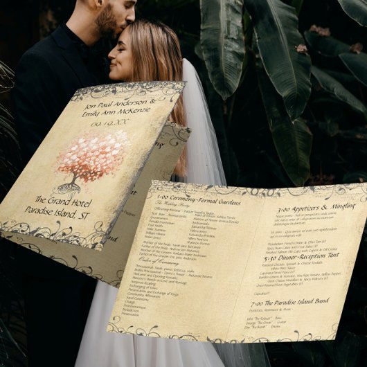 Rustieke Licht Koraal Hart Blad Boom Trouwprogramm