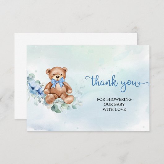 Rustieke lichtblauwe bloementeddybeer dank u informatiekaartje (Voorkant / Achterkant)