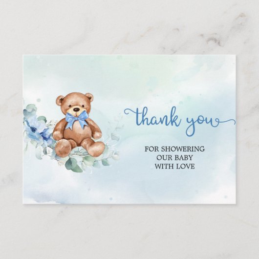 Rustieke lichtblauwe bloementeddybeer dank u informatiekaartje (Voorkant)