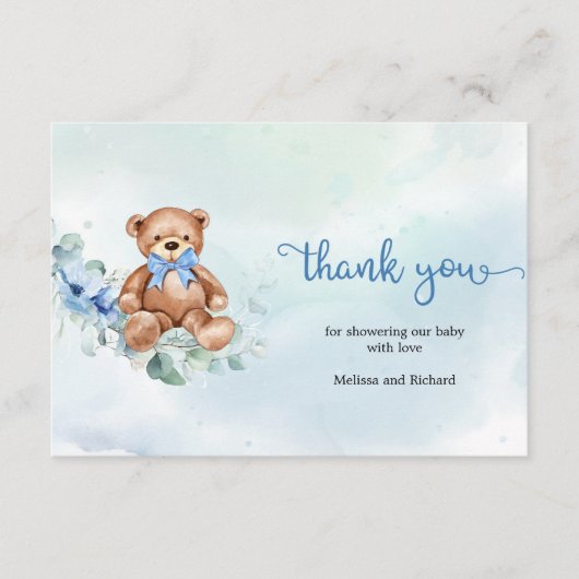 Rustieke lichtblauwe bloementeddybeer dank u informatiekaartje (Voorkant)