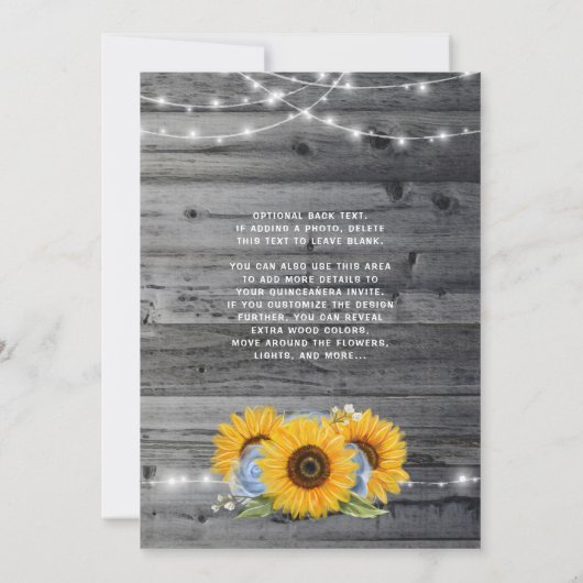 Rustieke Lichtblauwe Rozen Zonnebloem Quinceanera Kaart (Achterkant)
