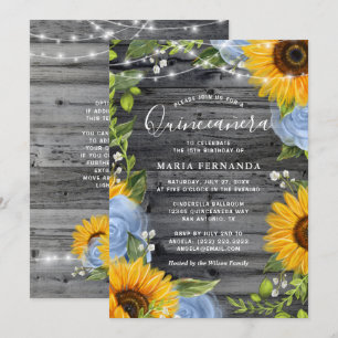 Rustieke Lichtblauwe Rozen Zonnebloem Quinceanera Kaart