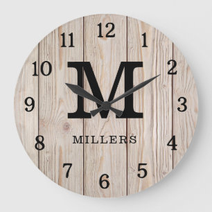 Rustieke Lichtbruine Hout Familienaam Monogrammed Grote Klok