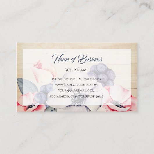 Rustieke Lichte Houten Zomerbloesem en Blauwe bess Visitekaartje (Achterkant)