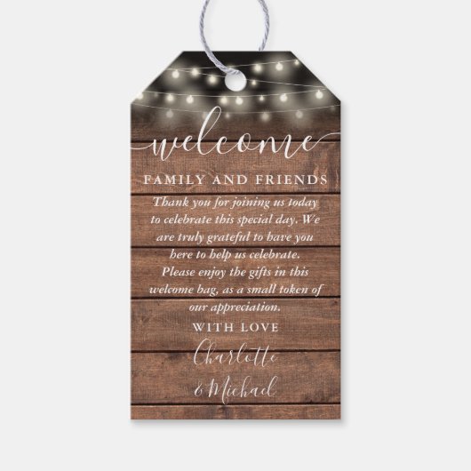 Rustieke Lichten Bruiloft Favor Welkomstmand Tas Cadeaulabel (Voorkant)