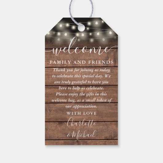 Rustieke Lichten Bruiloft Favor Welkomstmand Tas Cadeaulabel (Achterkant)