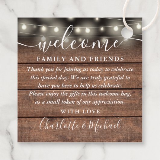 Rustieke Lichten Bruiloft Welkom Gift Basket Bag Bedankjes Labels (Achterkant)