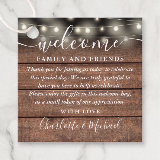 Rustieke Lichten Bruiloft Welkom Gift Basket Bag Bedankjes Labels (Voorkant)