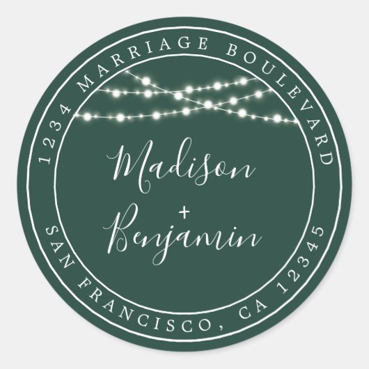 Rustieke lichten donkergroene trouw retouradres ronde sticker (Voorkant)