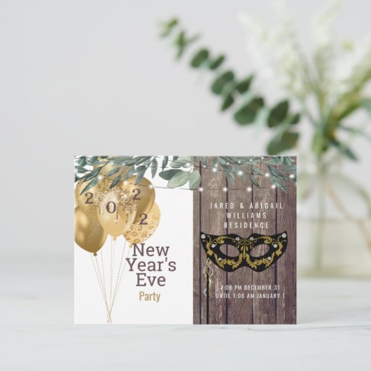 Rustieke lichten en hout nieuwjaarsfeest uitnodiging briefkaart (Staand voorkant)