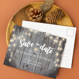 Rustieke lichten houten trouw save the date aankondigingskaart