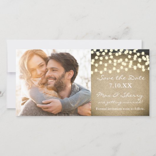 Rustieke Lichten Jute Opslagkaart met Foto Save The Date (Voorkant)