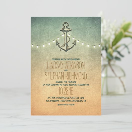Rustieke lichten nautische anker bruiloft kaart (Staand voorkant)
