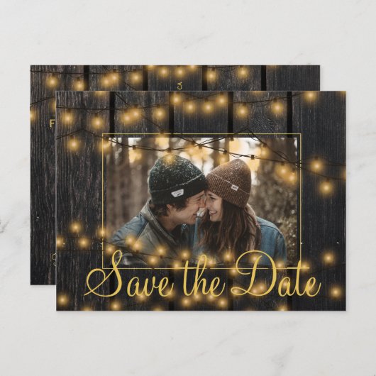 Rustieke lichten schuur houten foto save date brui aankondigingskaart (Voorkant / Achterkant)