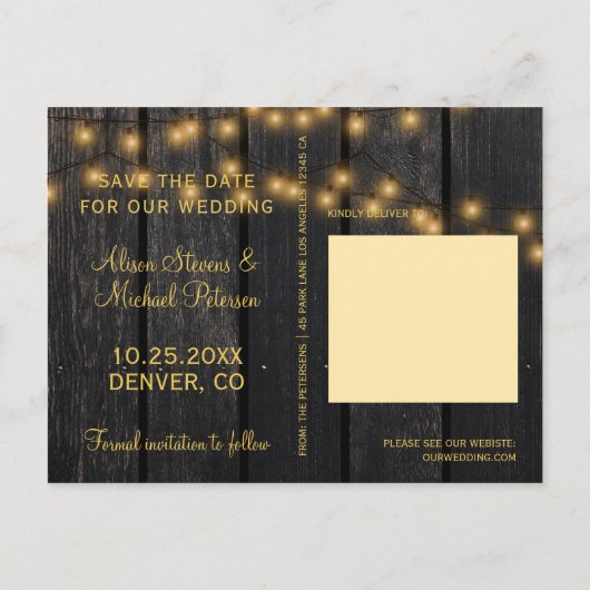 Rustieke lichten schuur houten foto save date brui aankondigingskaart (Achterkant)