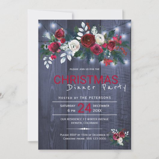 Rustieke lichten winter bloemenkerstdiner kaart (Voorkant)