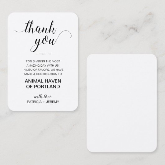 Rustieke liefdadigheid donatie dank u bruiloft plaatskaartje (Voorkant / Achterkant)