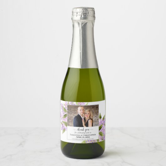 Rustieke Lila Bloemen Bruiloft Dank u Foto Sparkling Wijnetiket (Voorkant)