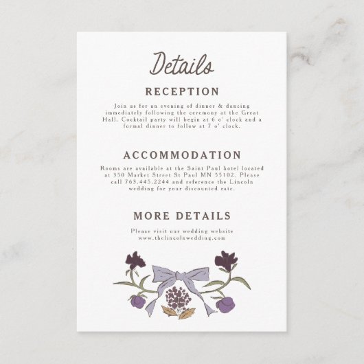Rustieke Lila Bogen en Bloemen Trouwdetails Informatiekaartje (Voorkant)
