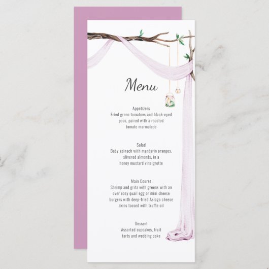 Rustieke Lila Drape Tree Branch Wedding Menu (Voorkant / Achterkant)