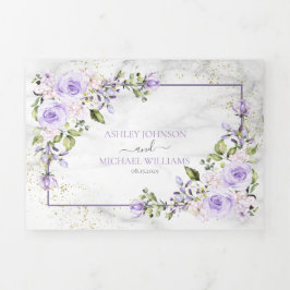 Rustieke lila lavendel goud marmer foto bruiloft drieluik uitnodiging