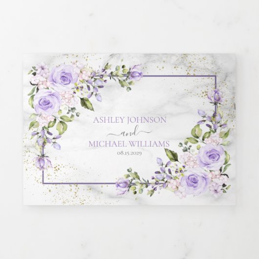 Rustieke lila lavendel goud marmer foto bruiloft drieluik uitnodiging (Cover)