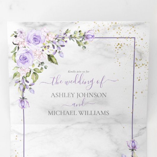 Rustieke lila lavendel goud marmer foto bruiloft drieluik uitnodiging (Binnenzijde eerst)