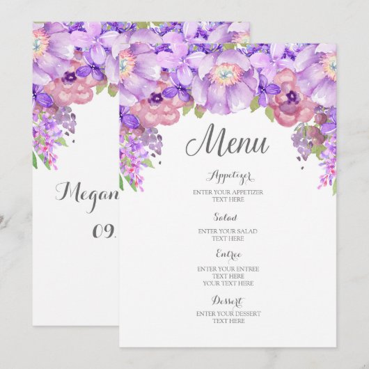 Rustieke Lila Paarse Waterverf Bloemen Wedding Men Menu (Voorkant / Achterkant)