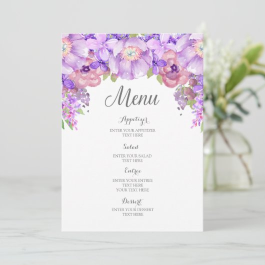 Rustieke Lila Paarse Waterverf Bloemen Wedding Men Menu (Staand voorkant)