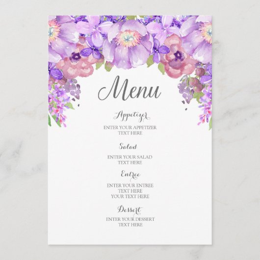 Rustieke Lila Paarse Waterverf Bloemen Wedding Men Menu (Voorkant)