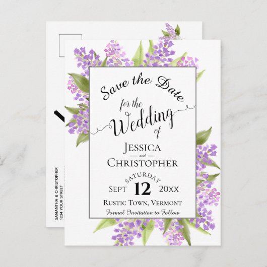 Rustieke Lilacs & Kalligrafie Bruiloft Save the Da Aankondigingskaart (Voorkant / Achterkant)