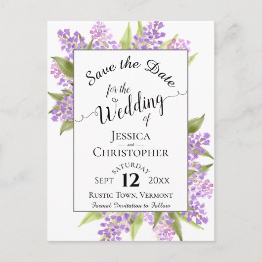 Rustieke Lilacs & Kalligrafie Bruiloft Save the Da Aankondigingskaart (Voorkant)