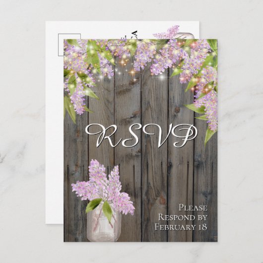 Rustieke Lilacs met Schuur Hout & Lichten Bruiloft Briefkaart (Voorkant / Achterkant)