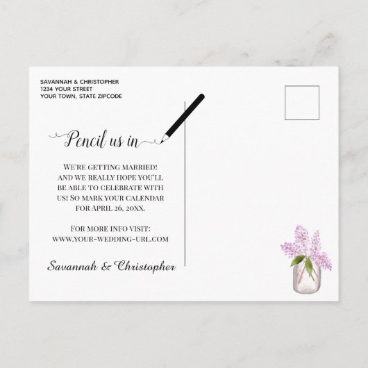 Rustieke Lilacs op Hout Foto Bruiloft Save the Dat Aankondigingskaart (Achterkant)