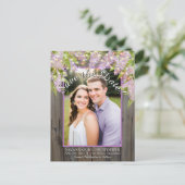 Rustieke Lilacs op Hout Foto Bruiloft Save the Dat Aankondigingskaart (Staand voorkant)